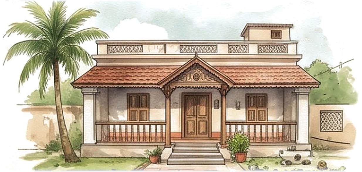 Watercolor facade of an Indian vacation home with a veranda, tiled roof and a coconut palm